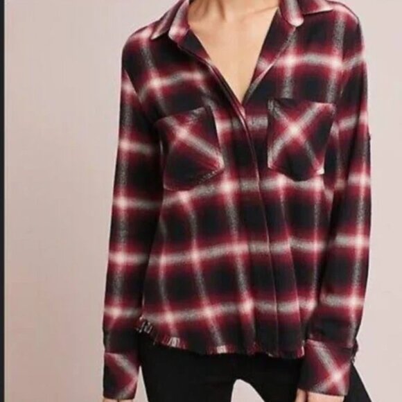 Anthropologie Cloth & Stone Button Front Long Sleeve Plaid Flannel Shirt XS EUC - Picture 3 of 15